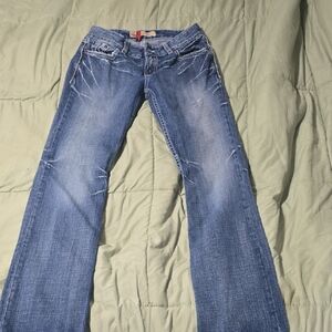 BKE Women's Light Blue Flared Jeans with Distressed Detail 28x31 1/2